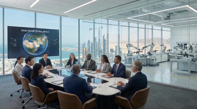 EDGE Group meeting with global reach map display and robotic arms in the background.
