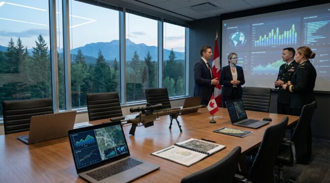 PGW Defence sniper rifle on a table in a conference room with maps and data displays. Canadian flag visible.