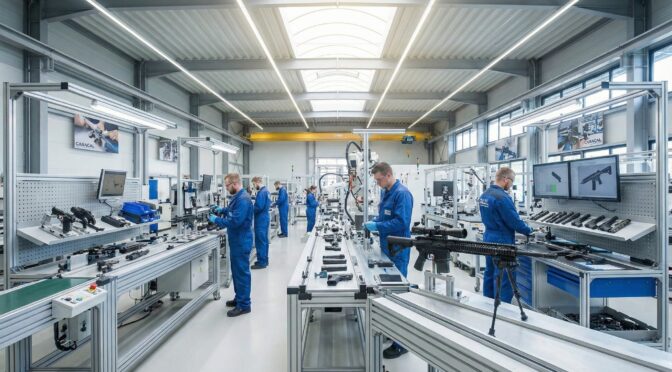 Caracal International factory floor with workers assembling firearms.