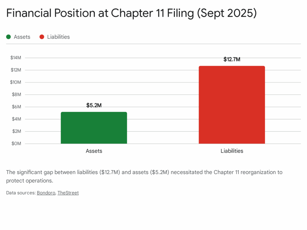 Chart showing Live Free Armory's assets ($5.2M) and liabilities ($12.7M) at Chapter 11 filing in Sept 2025.