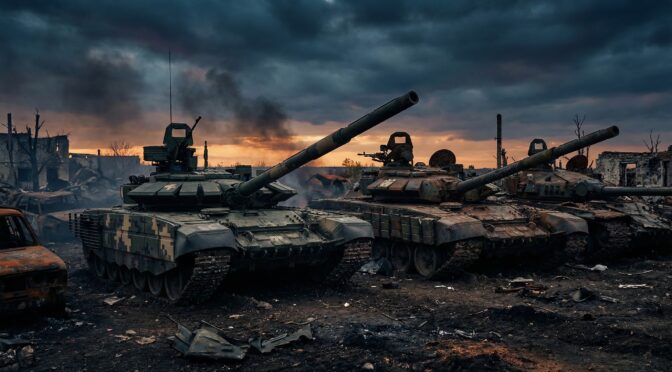 Damaged Russian tanks in Ukraine war aftermath, reflecting on military modernization challenges.