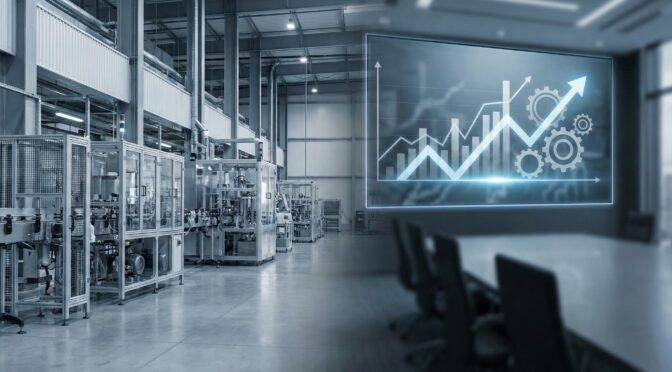 Factory floor with production machinery overlaid with a growth chart and gears.
