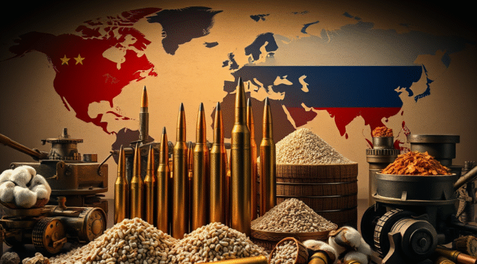 Ammunition and raw materials against a world map backdrop, illustrating the global small arms ammunition supply chain.
