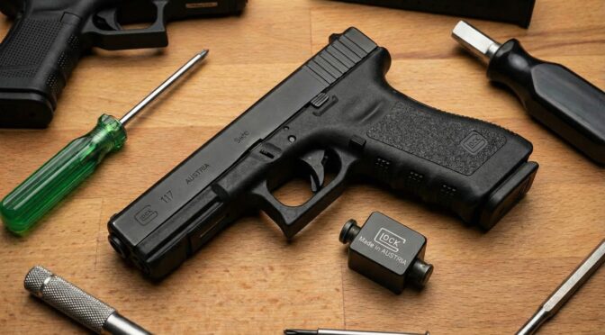 Glock pistol disassembled with tools, referencing the "Glock Switch Crisis.