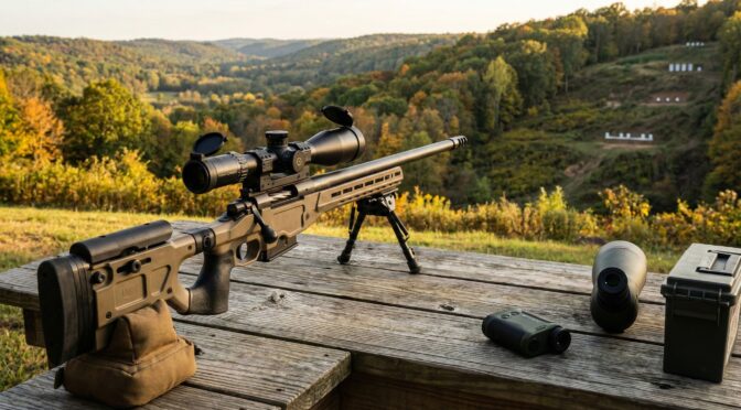 Precision rifle with scope on bench rest, rangefinder, and ammo box at shooting range.