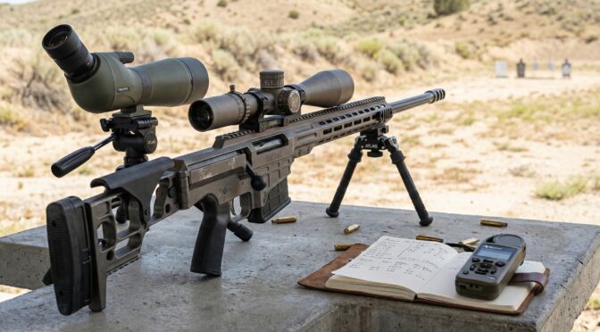 Barrett MRAD rifle on a shooting range with spotting scope and notebook.