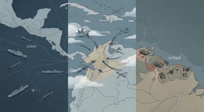 US-Venezuela conflict scenarios: naval blockade, air operations, and ground invasion map.