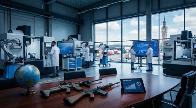 FN Herstal firearms displayed in a modern manufacturing facility with CNC machines and engineers at work.