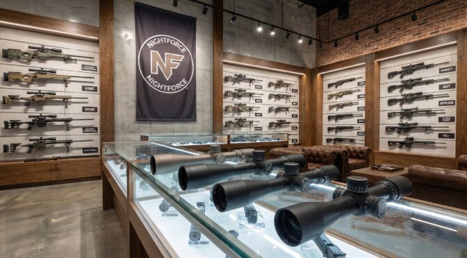 Nightforce Optics showroom featuring rifles, scopes, and the Nightforce logo.