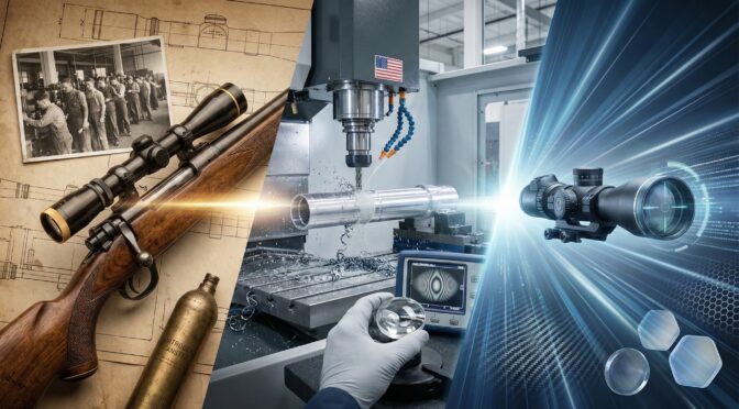 Leupold optics evolution: rifle with scope, CNC machining, lens tech.