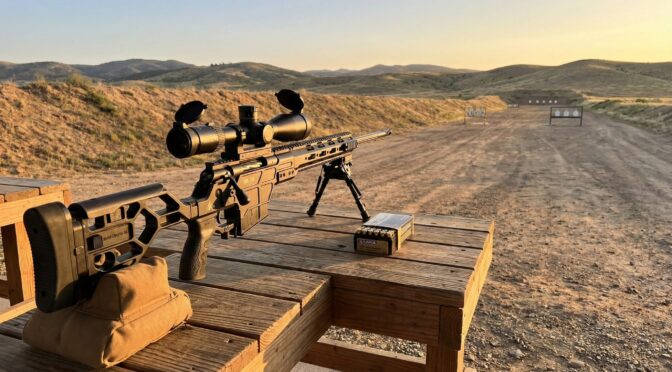 IWI Dan .338 Lapua Magnum precision rifle on shooting range with targets.