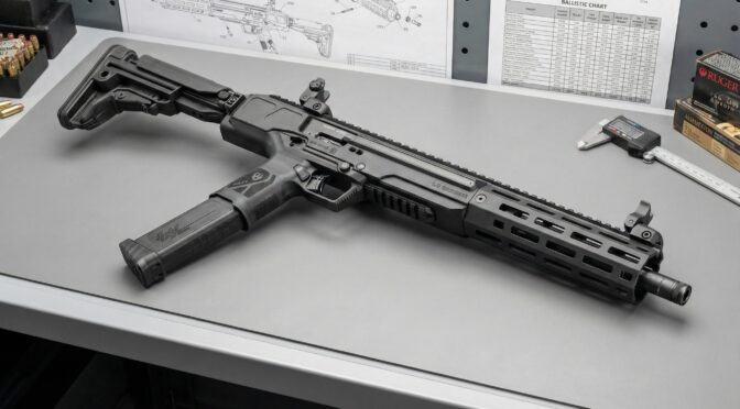 Ruger LC Carbine (10mm Auto) on a workbench, with ballistic chart, calipers, and ammo.