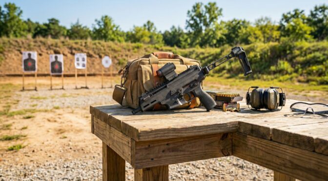Springfield Armory Kuna PDW on a table at a shooting range with targets in the background.