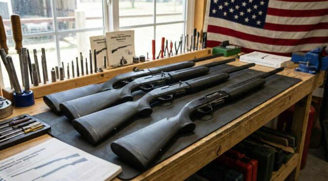 Shotguns on a workbench with manuals and tools, American flag in background.
