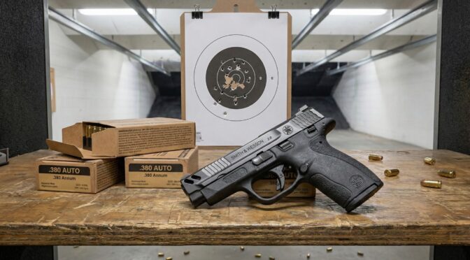 Smith & Wesson Bodyguard 2.0 pistol on a shooting range table with .380 ammo and a target.