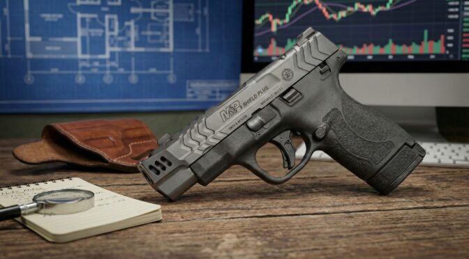 Smith & Wesson M&P 9 Shield Plus Carry Comp pistol on a desk with a blueprint.