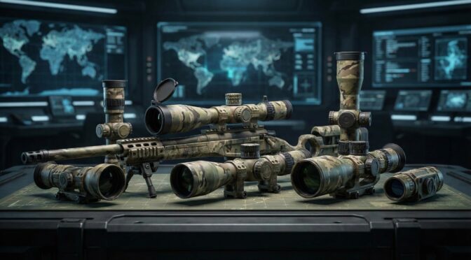 Camouflaged sniper scopes on a table with world maps in the background.