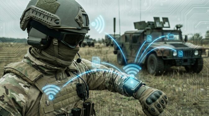 Soldier with wireless tech on wrist, connecting to army vehicles. Future of army infantry.