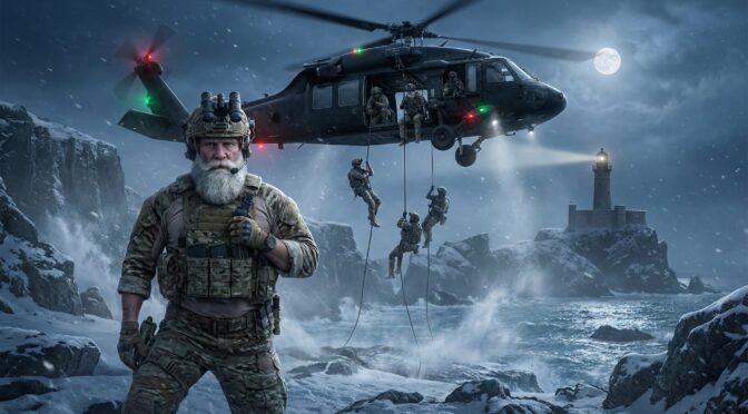 Tactical Santa with a beard stands ready as soldiers rappel from a helicopter near a lighthouse in a snowy scene.