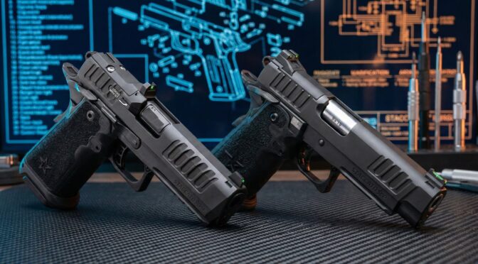 Two Staccato 2011 pistols, likely P or HD P4 variants, on a textured surface.