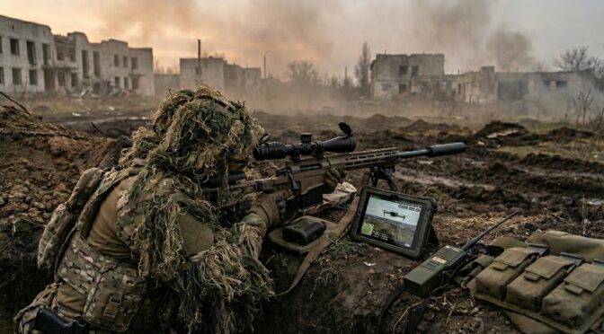 Sniper in ghillie suit aims rifle in war-torn landscape, using drone tech. Military sniper program in action.