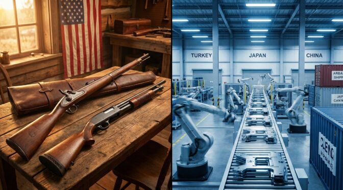 Antique American firearms next to modern manufacturing robots in factories in Turkey, Japan, and China.