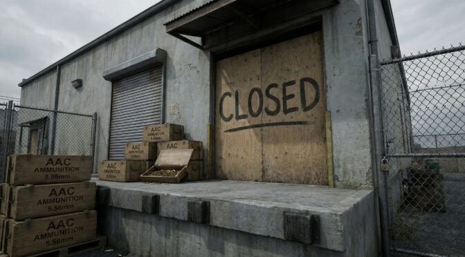 Closed AAC ammunition facility, boxes of 5.56mm ammo stacked outside. "CLOSED" painted on the door.