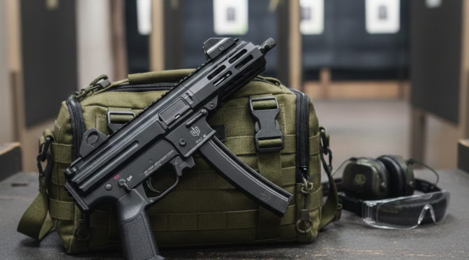 MAC IX pistol on range bag at shooting range