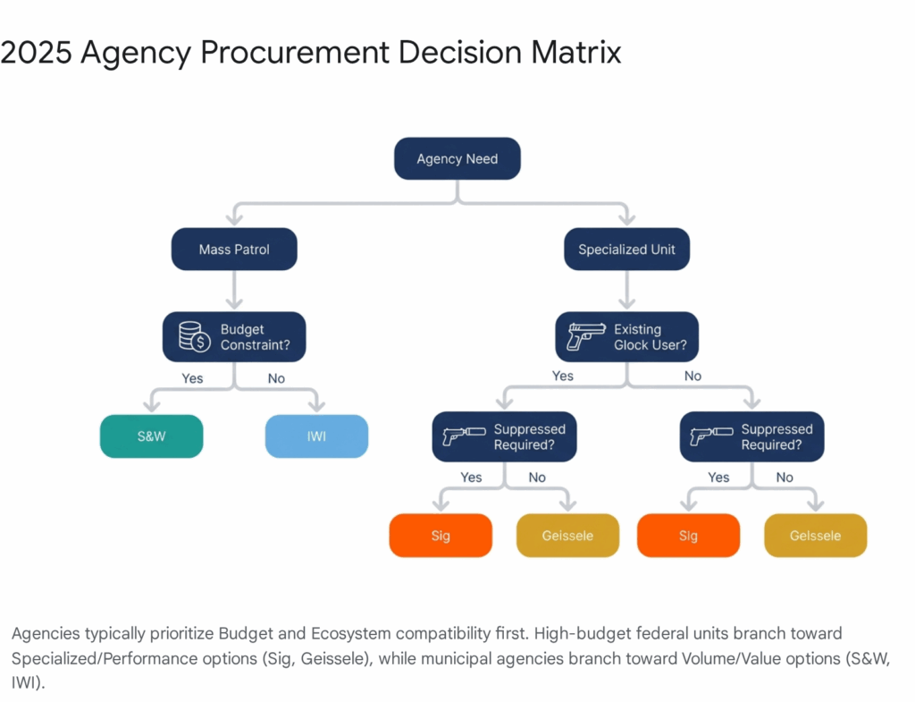2025 law enforcement agency firearm procurement decision matrix: S&amp;W, IWI, Sig, Geissele.