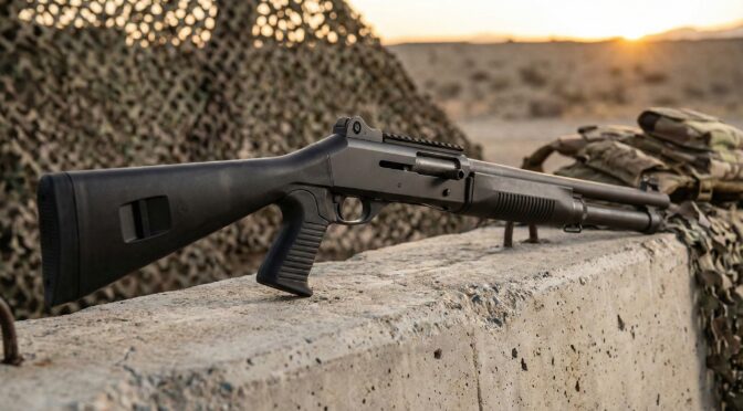 Benelli M4 tactical shotgun resting on a concrete barrier. Reliable semi-automatic firearm.
