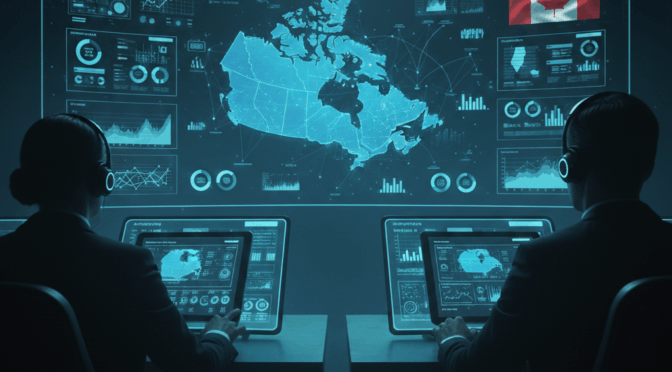 Canada SITREP: Two analysts monitor a digital map of Canada with data visualizations and the Canadian flag.