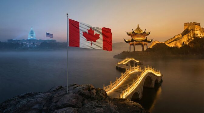 Global view with Canadian flag, US Capitol, and Great Wall of China.