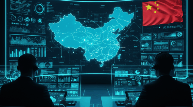 China SITREP: Two analysts monitor a digital map of China with data visualizations and the Chinese flag.
