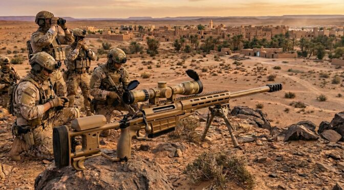 Sako TRG 62 A1 sniper rifle in a desert environment with soldiers observing a distant town.