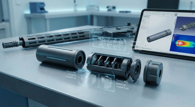 Exploded view of a small arms suppressor design, showing titanium and Inconel 718 materials. Additive manufacturing concept.