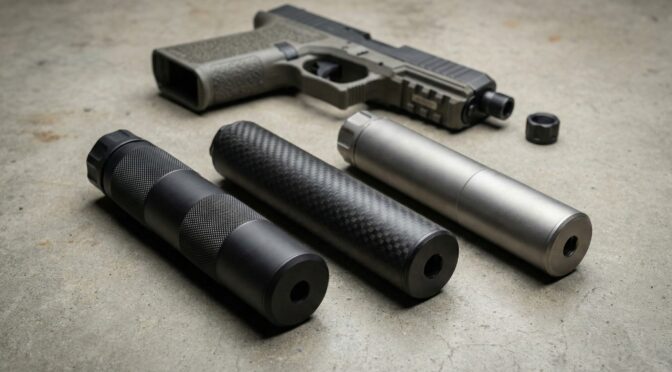 9mm pistol with three suppressors: black, carbon fiber, and silver.