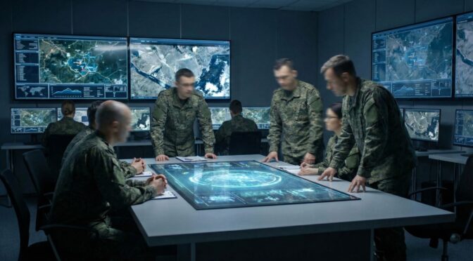 Military team in operations center analyzing maps and data for Operation Absolute Resolve.