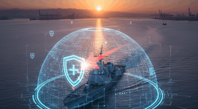 Chinese warship protected by a digital shield, symbolizing Taiwan defense strategies.