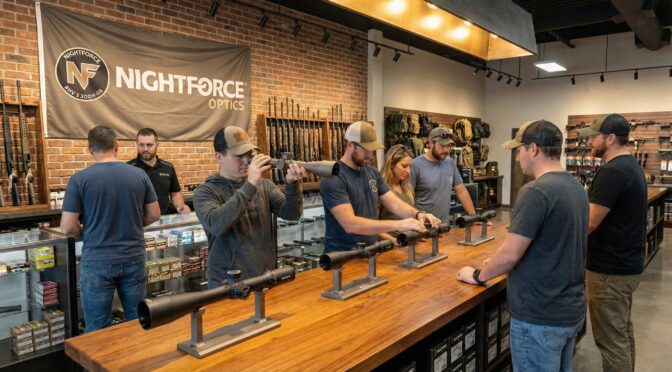 Customers examining Nightforce Optics riflescopes at a gun store. Nightforce Optics banner visible.