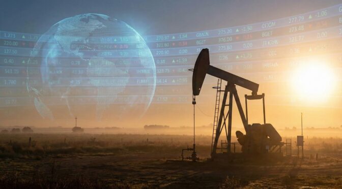 Oil pump jack in a field with a digital globe and stock market data overlay.