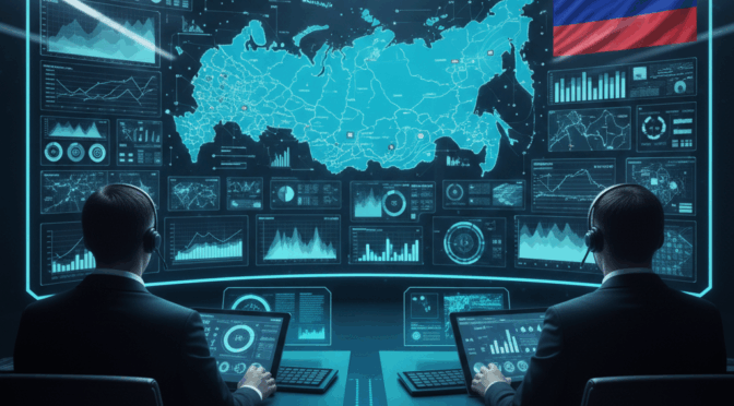Analysts monitor Russia on a large display with maps, charts, and the Russian flag for a "Russia SITREP" blog post.