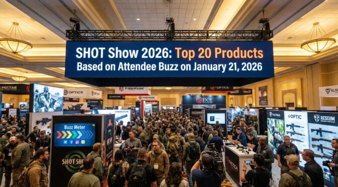 SHOT Show 2026 crowd views "Top 20 Products" display. Attendee buzz on January 21, 2026.