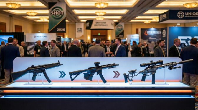 PCC & PDW evolution display at SHOT 2026, featuring three modern firearms on a lit platform.