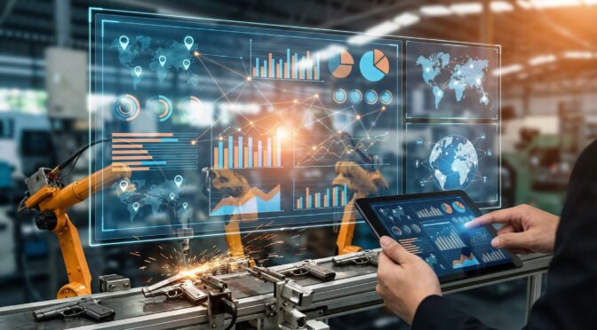Manufacturing analytics dashboard with robots and product line. Producer and vendor reporting.