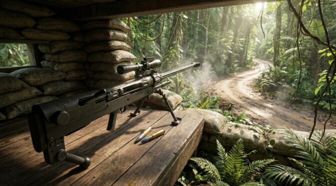 NTW-20 sniper rifle in jungle bunker, overlooking dirt road. Two bullets sit ready on the wooden surface.