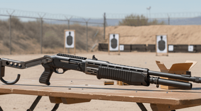Turkish SPAS-12 clone firearm on a table at an outdoor shooting range with targets in the background.