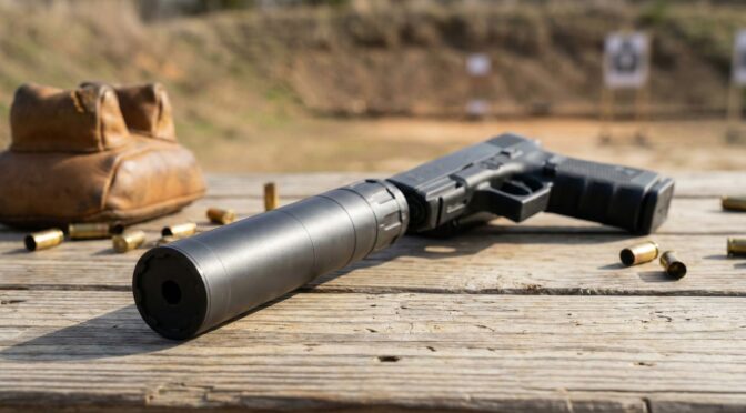 Pistol with suppressor attached on wooden table, spent casings nearby. How suppressors work.