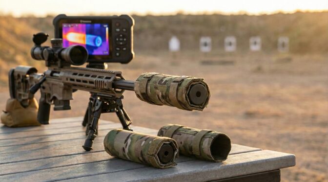 Rifle with thermal scope and suppressor covers on a shooting range.