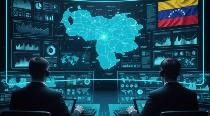 Venezuela SITREP: Two analysts monitor a digital map of Venezuela with data visualizations and the Venezuelan flag.