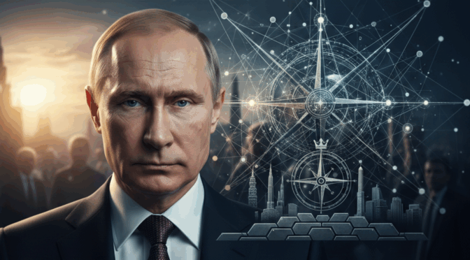 Vladimir Putin portrait with abstract city and compass background, referencing power dynamics.